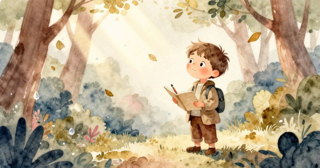 在微風吹拂下,樹葉輕搖,水珠在陽光下閃爍,Milo注視著這夢幻光影,彷彿進入了大自然的詩意世界。