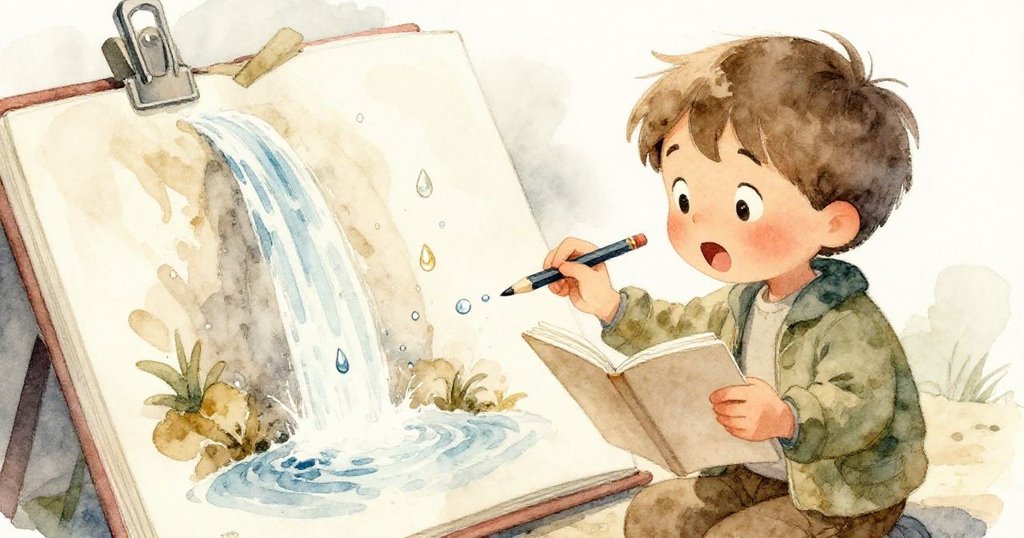 Milo驚喜地注視著畫冊上濕潤鉛筆繪出的瀑布圖案,眼中閃爍著創造的驚奇與喜悅,充滿魔法般的瞬間。