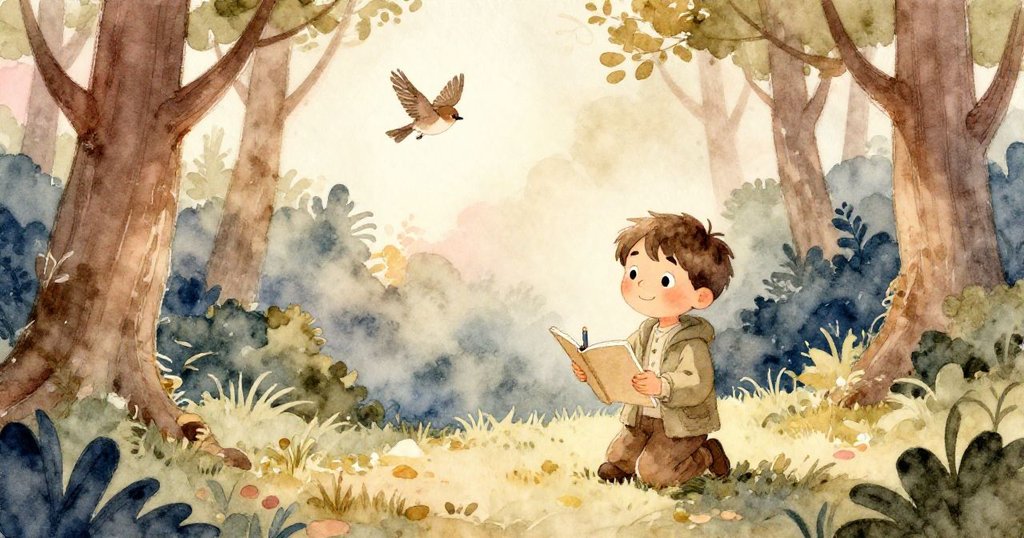 Milo在寧靜的森林溪邊合上畫冊,臉上流露出滿足微笑,一隻小鳥掠過天空,展現今日奇遇的溫馨結局。