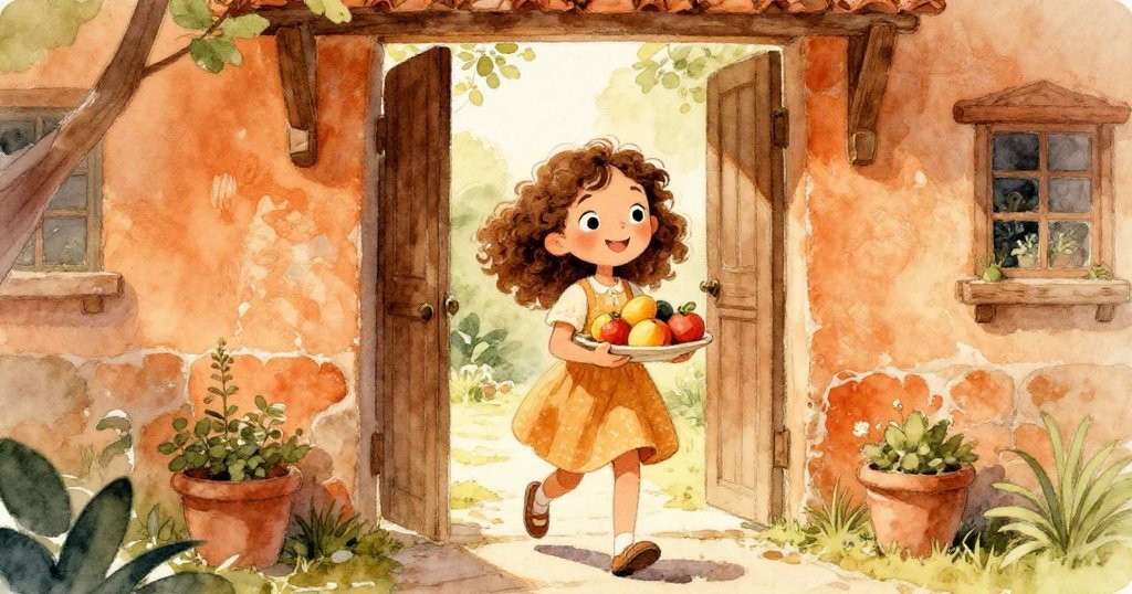 Mia走進溫暖庭院，手持果盤滿懷興奮，背景呈現古樸入口與石材建築的歡樂氣氛