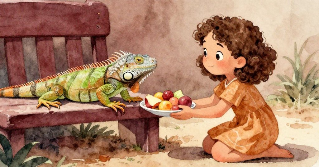 Mia跪在矮長椅旁，小心將果盤放於安詳蜥蜴旁，充滿柔和陽光和溫馨情感