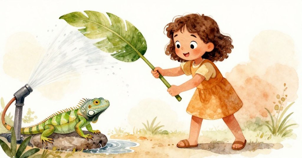 Mia迅速拿起棕櫚葉引導困惑蜥蜴脫離噴水，用平石阻擋水流，展露決心與舒緩氛圍