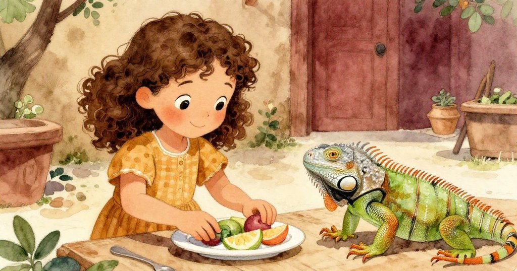 Mia在寧靜庭院中微笑重新擺放果盤，蜥蜴咀嚼果片露出滿足神情，象徵和諧與解決