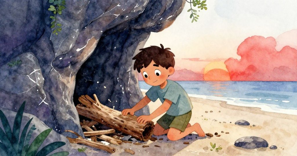 薩姆在岩石海灘上彎腰推動飄木，清理狹小洞穴入口，神情堅毅，展現解決困難的勇氣。