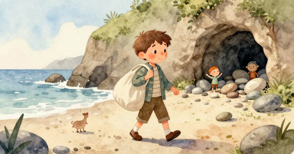 從海鷗視角看薩姆的靴子在海浪中激起泡沫，他與大自然互動，充滿童趣與活力。