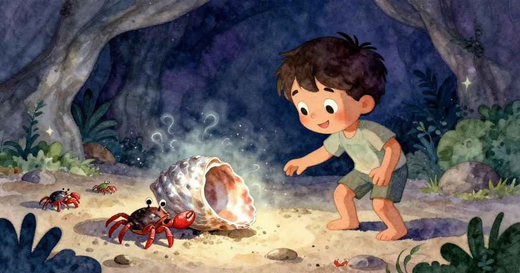 薩姆在昏暗洞穴中驚訝地觀看細小螃蟹推動巨大貝殼，背景濕潤神秘，流露出探索未知的奇妙感受。