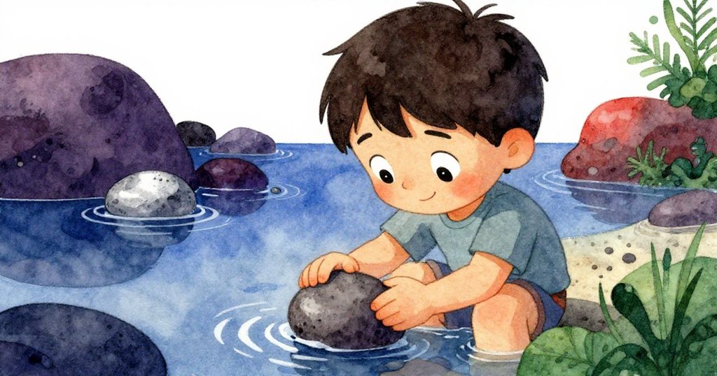 薩姆在潮水邊細心檢視一塊光滑石頭，專注神態流露決定的重要時刻，場景清新富有思辨氣息。