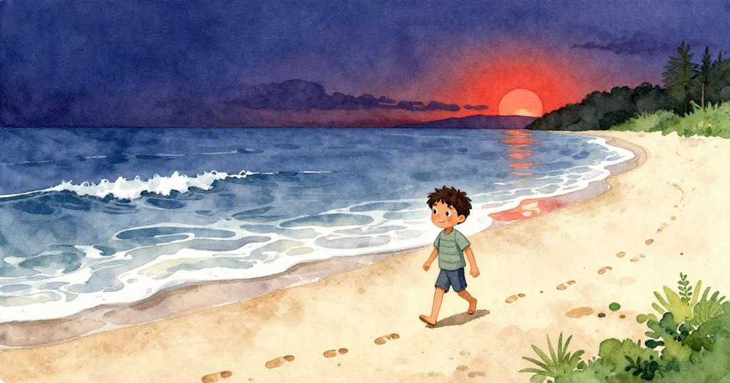 薩姆帶著綁好的布袋沿亮沙海灘行走，留下一串足跡，夕陽下海浪輕拍，象徵著探險完美落幕。