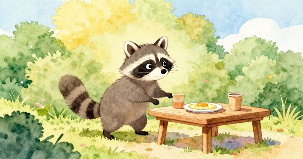 小浣熊Milo從濃密綠叢中走出，剪影映襯晨光，走向木桌與野餐區，充滿期待與好奇。