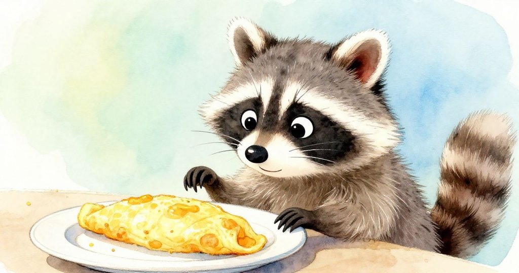 小浣熊Milo靠近桌邊，專注抽動鼻子觀察煎蛋盤，臉上充滿好奇與期待，背景明亮柔和。