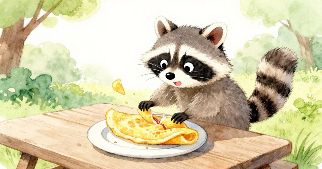 小浣熊Milo用爪輕按煎蛋，蛋片分裂，戶外野餐桌與自然背景營造出探險輕快氣氛。