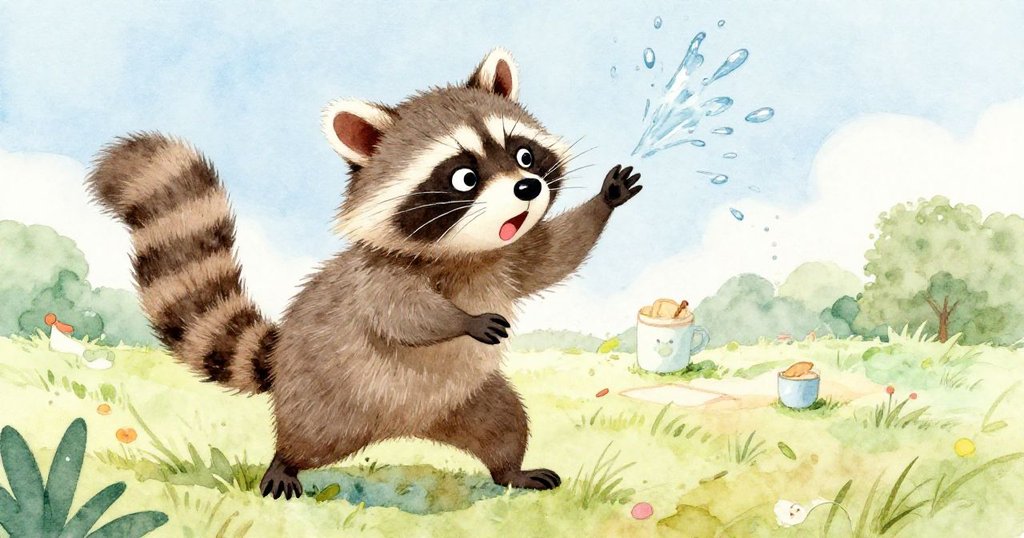 小浣熊Milo驚慌收回爪子，濕潤鬚邊與蓬鬆尾巴流露驚訝不安，動作急促環境微模糊。