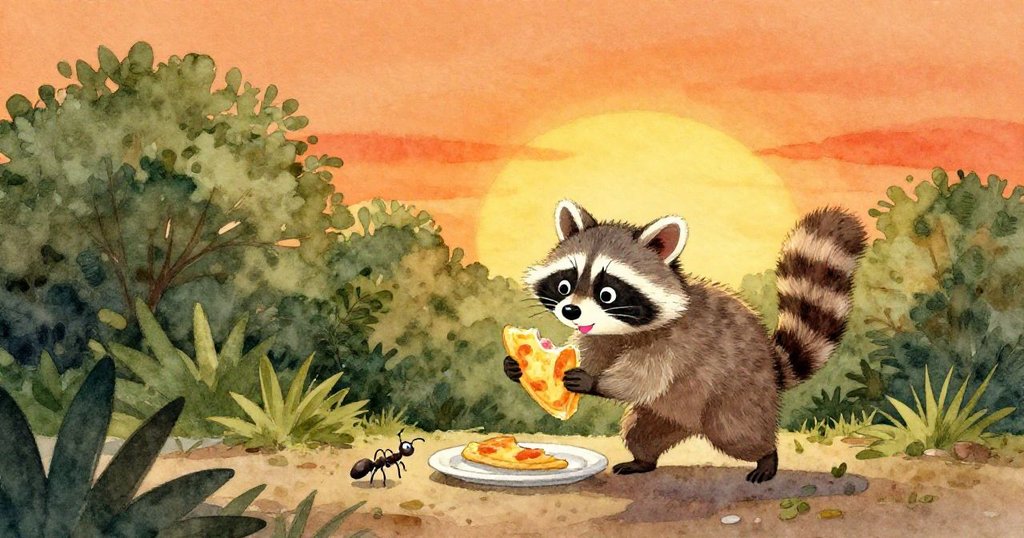 小浣熊Milo抱著分裂煎蛋，急速穿越樹枝消失於夕陽，桌上螞蟻忙碌，野餐區恢復平靜結局溫暖。