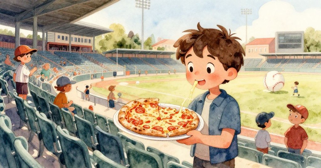 通過金屬護欄的反射看到捕手袋滾動與披薩起司痕跡，展現意外美妙瞬間和場景層次