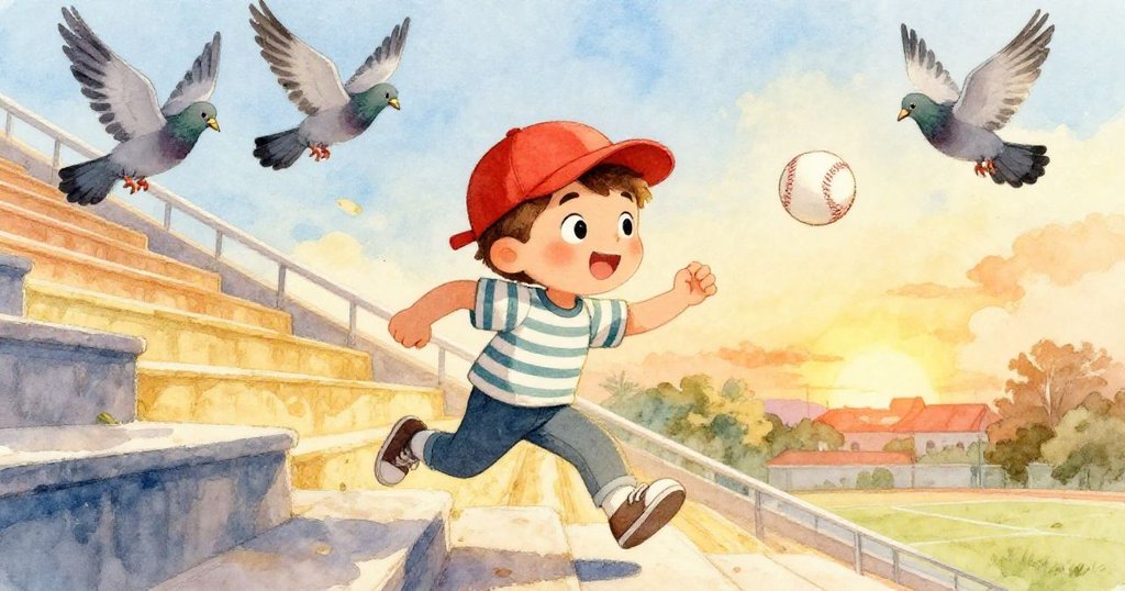 Milo奔跑追逐彈跳棒球，驚嚇鴿子四散飛舞，動態場景展現急切與活力，情緒明快