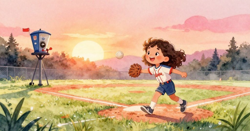 莉亞在晨曦中走進棒球場，手持細棍推動濕潤草坪，面帶期待微笑，背景呈現初升太陽和露水點綴的廣闊球場。