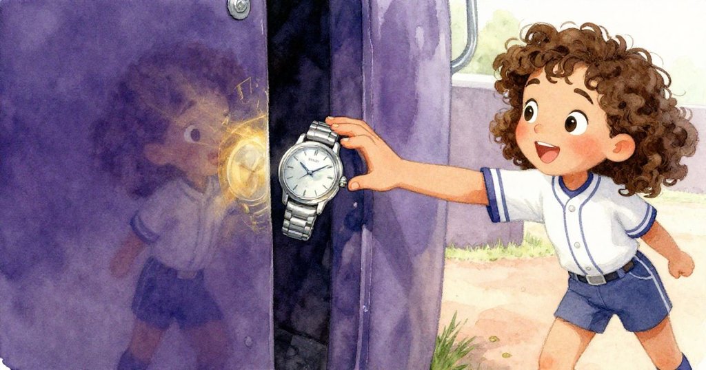 莉亞的手在金屬投手機旁的小縫中緊握一隻閃亮的銀色手錶，物品散發微光，展現出驚奇與決心，背景帶有柔和陰影。