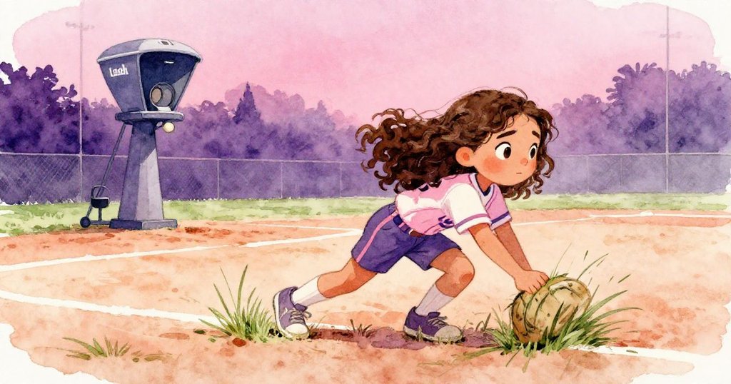 莉亞以傾斜視角動作推移散落在球場上的草塊，目光專注於遠處古舊的投手機，展現出積極探索的活力。