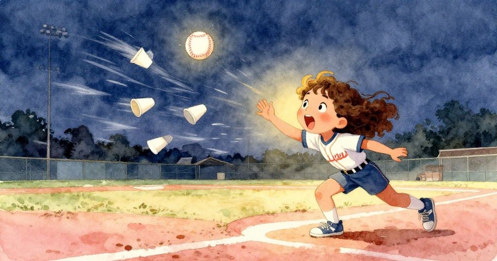 莉亞從高處視角中看到外場上紙杯在風中飛舞，一顆球迅速掠過，她躲閃並帶著驚喜笑容，場景充滿動感與溫暖光輝。