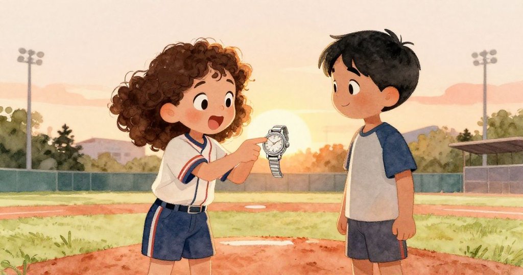 莉亞和朋友亞歷克斯在球場堆上面對面互動，共同檢視找回的銀色手錶，彼此分享笑聲與驚奇，夕陽餘暉營造出溫馨的氛圍。