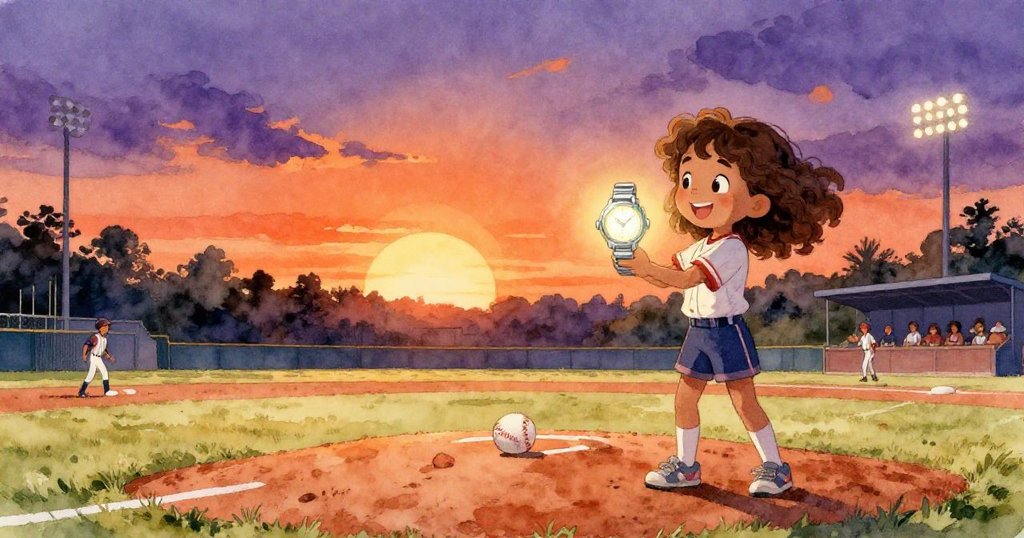 莉亞站在球場上，夕陽餘暉中緊握找回的手錶，旁邊的球靜臥在壘包邊，流露出滿足與安寧的微笑，畫面充滿溫暖金色光芒。