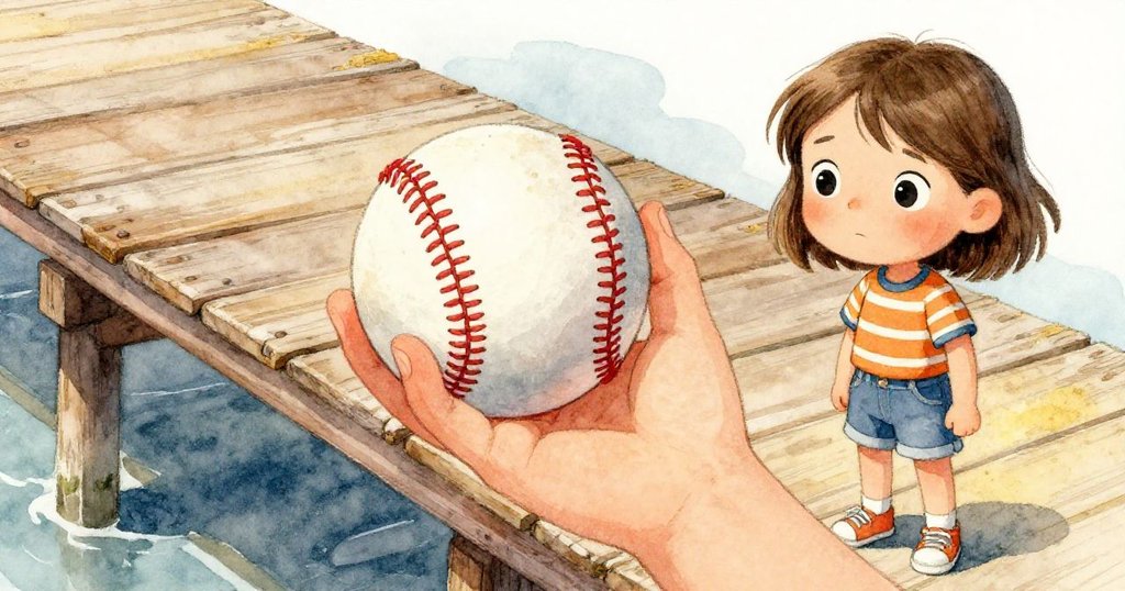 Mia專注地握著顆有質感的棒球，細膩展現木板紋理與指尖觸感，充滿期待與緊繃準備。