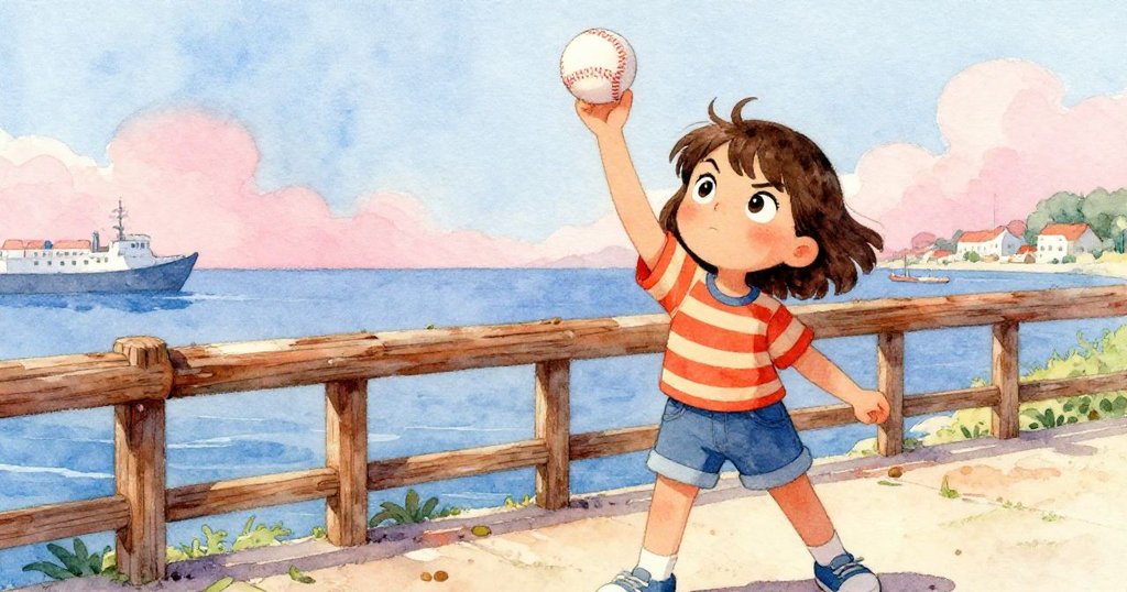 從低角度看見Mia舉手準備投球，背景展現開闊海灣與質樸欄杆，表情堅定充滿動感。