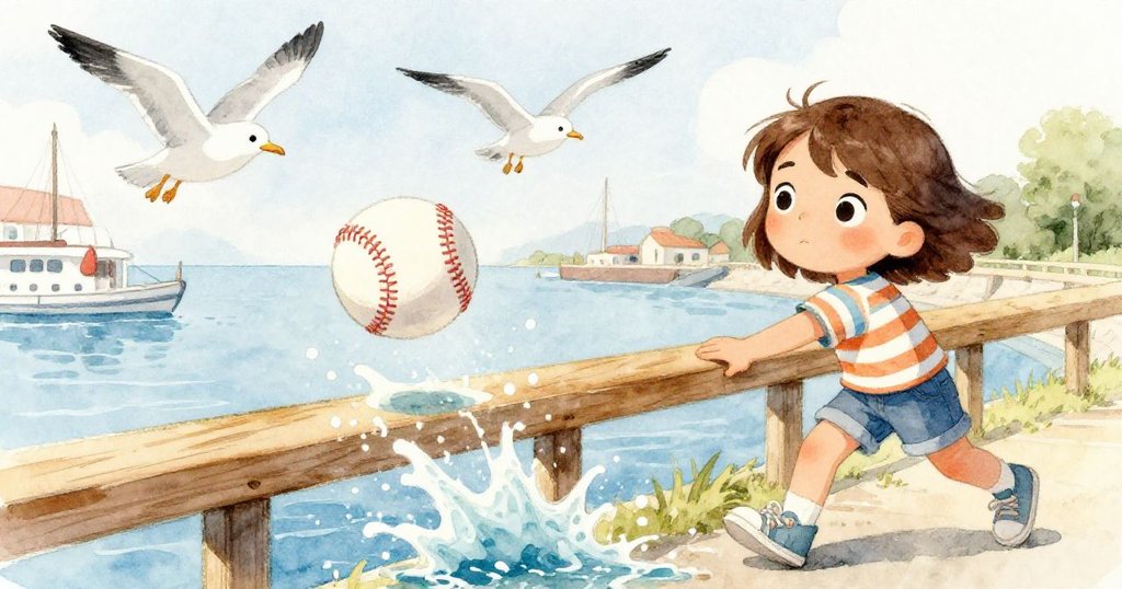 Mia目送棒球偏離目標，從木欄擦過後濺起水花，鷗群盤旋，風起雲湧，氣氛充滿動感。