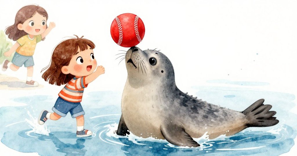 一隻灰色海豹從水中躍出，用鼻子逗趣地托著紅色棒球，Mia驚喜欣賞，背景含有碼頭元素。