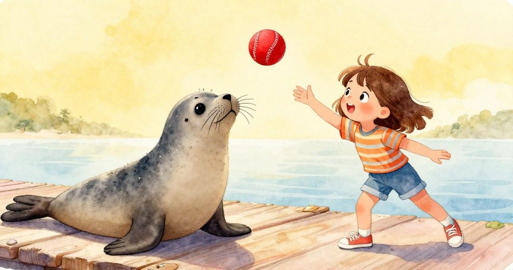 海豹輕輕將紅色棒球拋向碼頭樑，Mia伸手接球，水珠滴落袖上，兩者共享快樂愉悅的自然時刻。