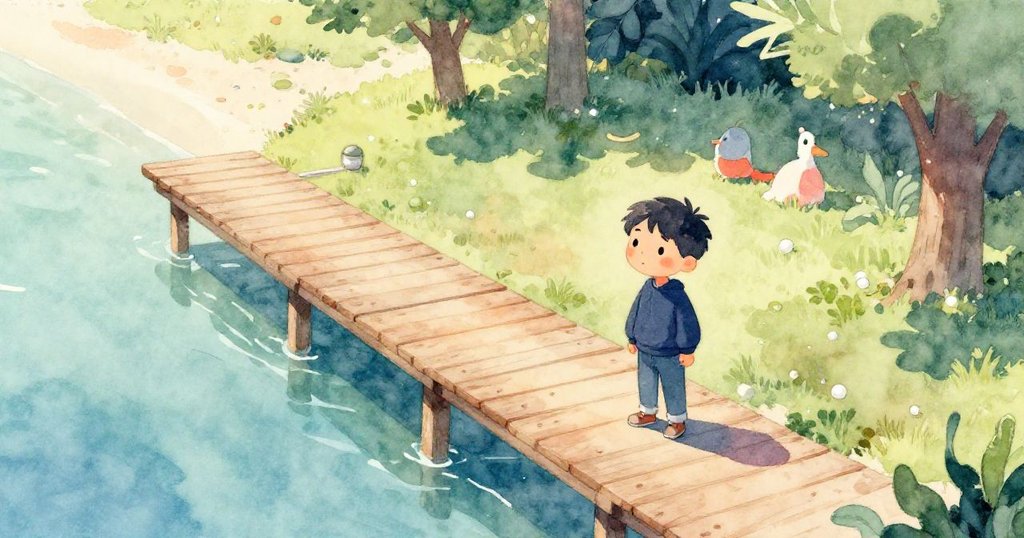 Leo在海濱公園裡奔走，鳥瞰視角展現木棧道、低矮圍欄與柔和夕陽，充滿期待與寧靜氛圍