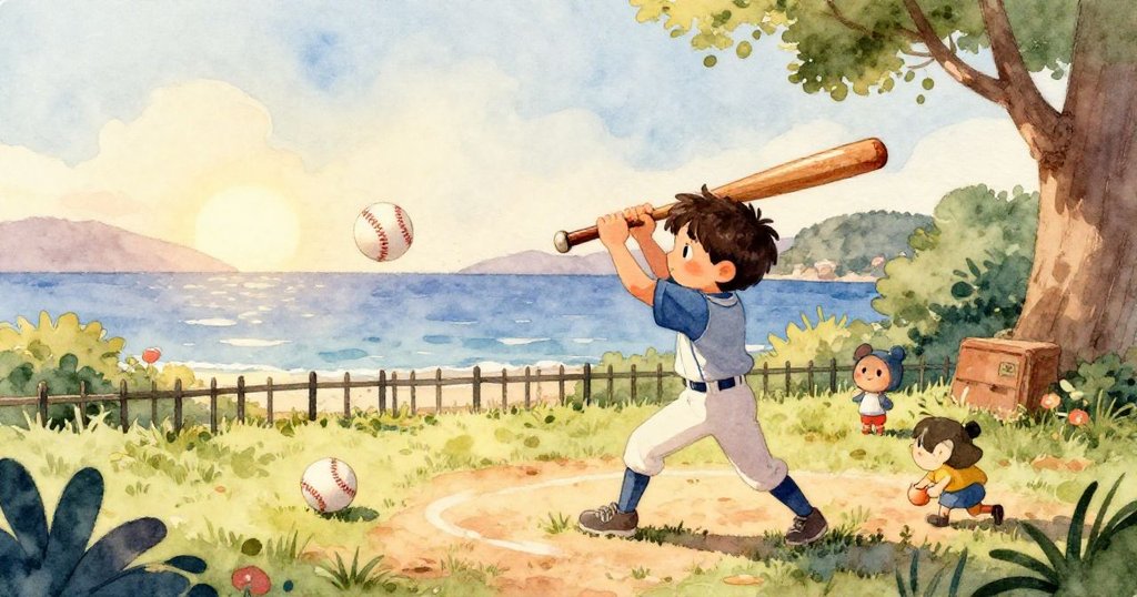 Leo的舊球棒和飛出的皮球特寫，夕陽下呈現出歷史痕跡與動感，充滿懷舊與生動細節