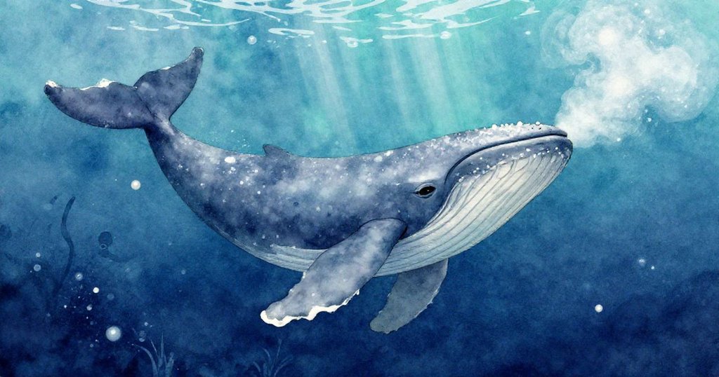 Leo故事中的海面下，鯨魚優雅呼出銀白水霧，神秘光影透入水中，展現和諧與深海奇景