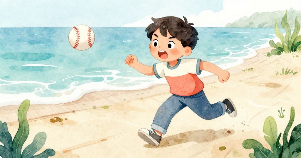 Leo充滿活力地滑行追趕皮球，沙粒飛揚，夕陽映照下動作緊湊，臉上流露出緊張興奮情緒