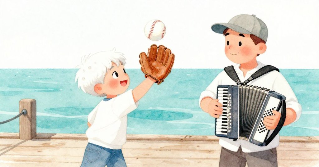 Leo穩穩接住皮球，在木棧道上與街頭音樂家會心微笑，夕陽下充滿溫暖認同與收穫喜悅