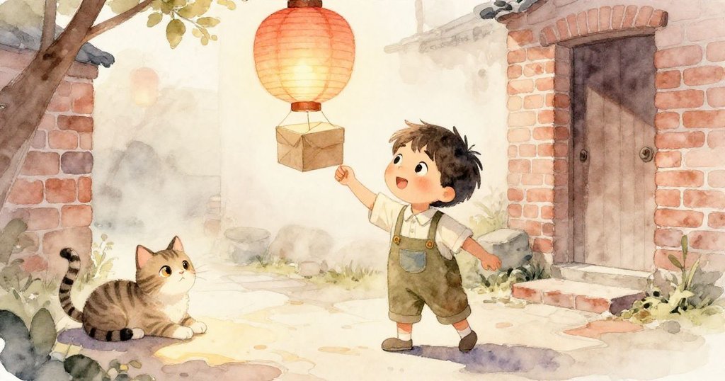 喬納提著燈籠盒走進磚砌後院，旁邊斑紋貓在陽光下休憩，場景呈現溫柔晨霧與溫暖情懷。