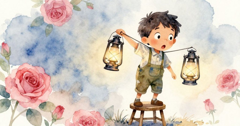 喬納站在搖晃的凳子上驚訝地發現燈籠從肩頭滑落，石板庭院背景凸顯緊張與活力。