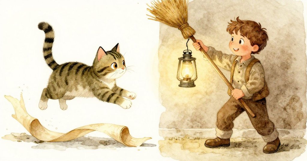 斑紋貓跳上旋轉絲帶，旁邊喬納用掃把穩燈籠線，展示了混亂與精準並存的情景。