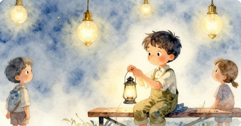 喬納穩定地固定燈籠線，旁觀者停步觀看，柔光從電燈泡散射在古樸庭院，充滿溫馨與努力成果。