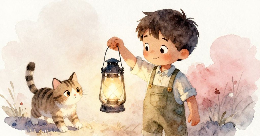 喬納溫柔地收拾落地燈籠，斑紋貓在旁嬉戲，柔和燈光映出庭院暮色，結束了一天充滿挑戰與溫情的故事。