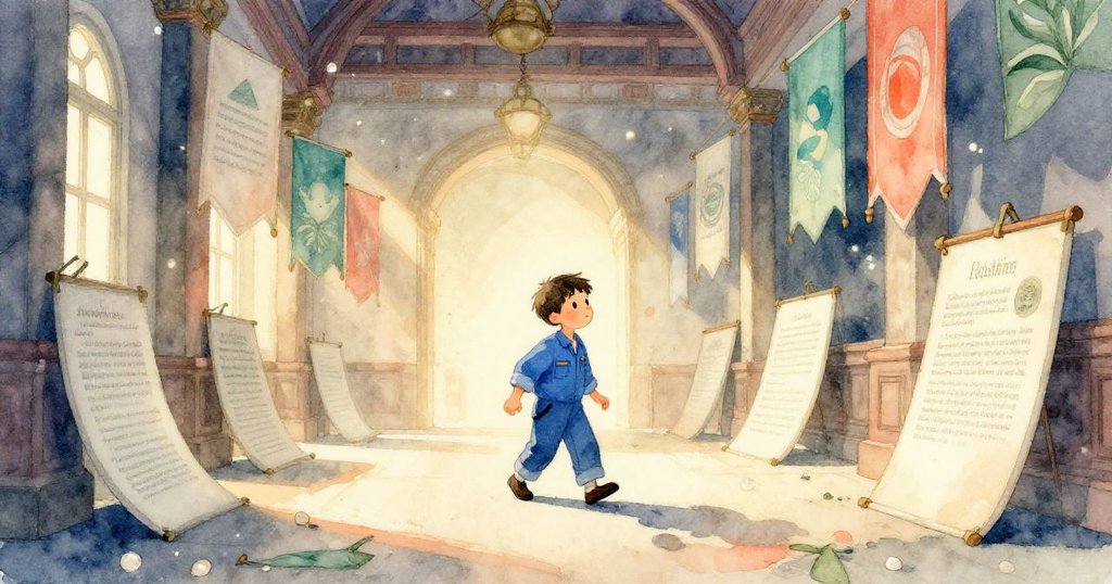 Heath 穿越塵埃瀰漫的舊展館，踏過倒下的牌子，晨光柔和映照，透露出期待與懷舊情緒的開場畫面。