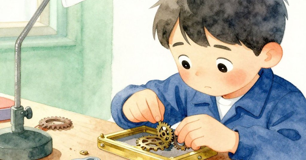 Heath 專注操作小齒輪嵌入黃銅架，手部細節清晰，背景顯示工作台新舊融和，情緒堅定。