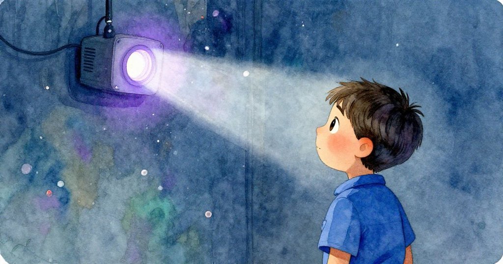 Heath調整機械零件時，背後投影儀紫光透過塵埃映出環狀光影，呈現舊時回憶與現實交疊的深思畫面。