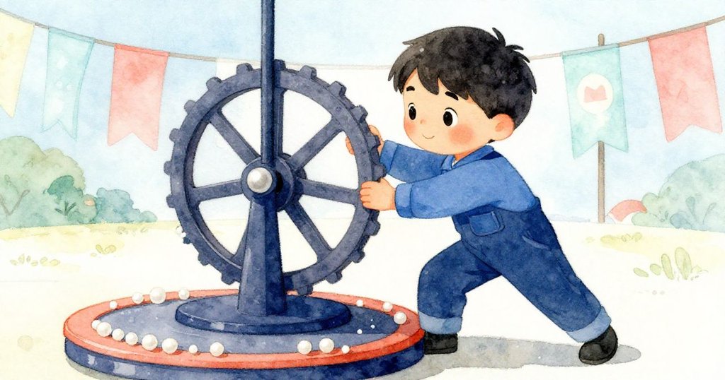 Heath穩健取下主齒輪，動作果斷，背景中橫幅輕擺透露出忙碌後的寧靜與喜悅，展現轉折與解脫。