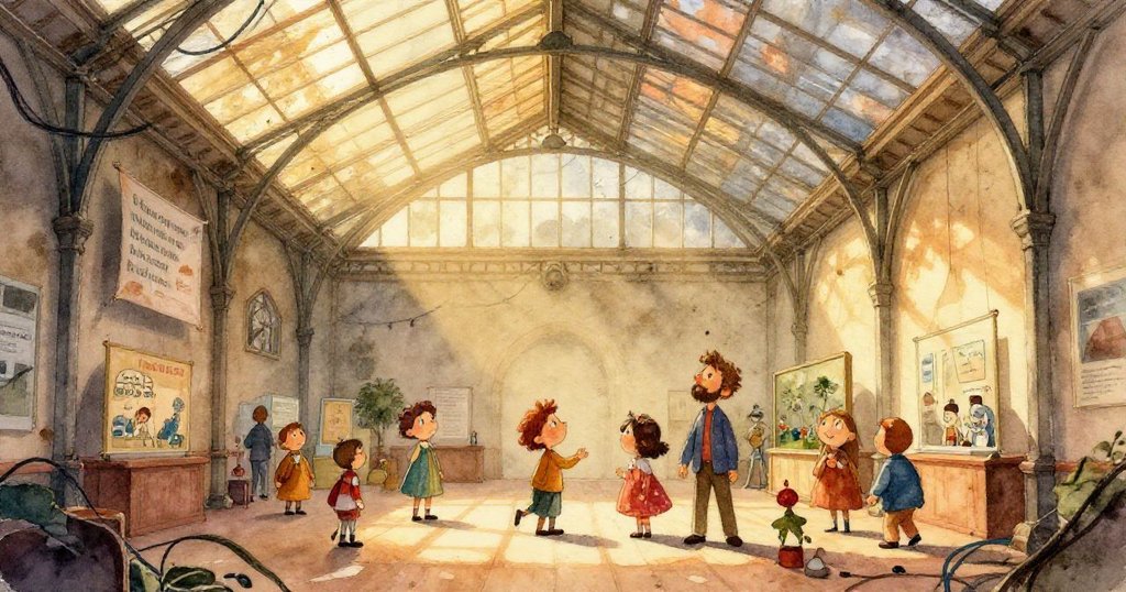 散落齒輪與藍光映照的VR頭顯呈現過去與未來融合的靜謐畫面，寧靜中蘊含著故事結局的溫暖。