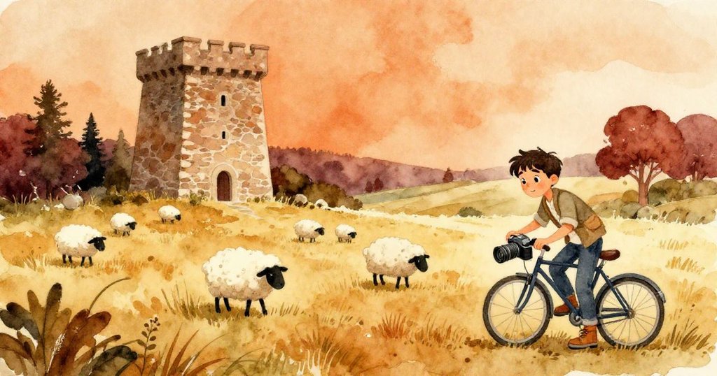 Elías在鄉村石塔旁騎腳踏車下車，與放牧羊群互動，準備使用相機，天空中低垂雲朵營造溫暖輕柔氛圍。