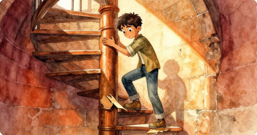 Elías在古老塔內斜坡樓梯上攀爬，手握鐵扶修補破損階梯，光束從裂縫中射入，映出石塊斑駁與歷史痕跡，表情堅毅。