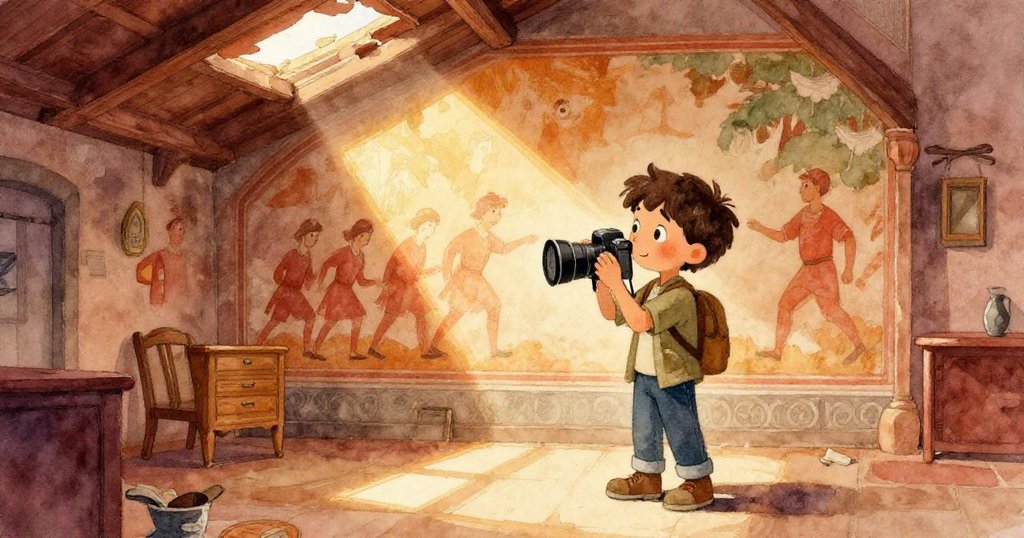 Elías在狹窄月台上探查牆上古老壁畫，陽光透過破損瓦片灑落，塵埃飛舞映出紅色古戰士，神情流露敬畏好奇。