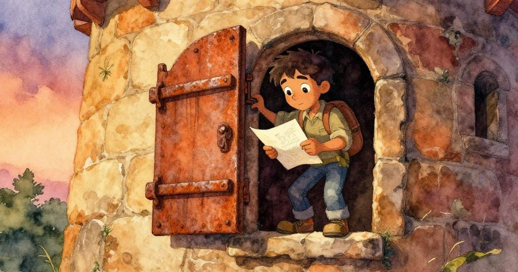 Elías在古塔內專注解開鏽蝕陷門鎖，手握筆記本記錄草圖，神情堅毅中帶著些許緊張，古舊石牆與暗光襯托出歷史感。