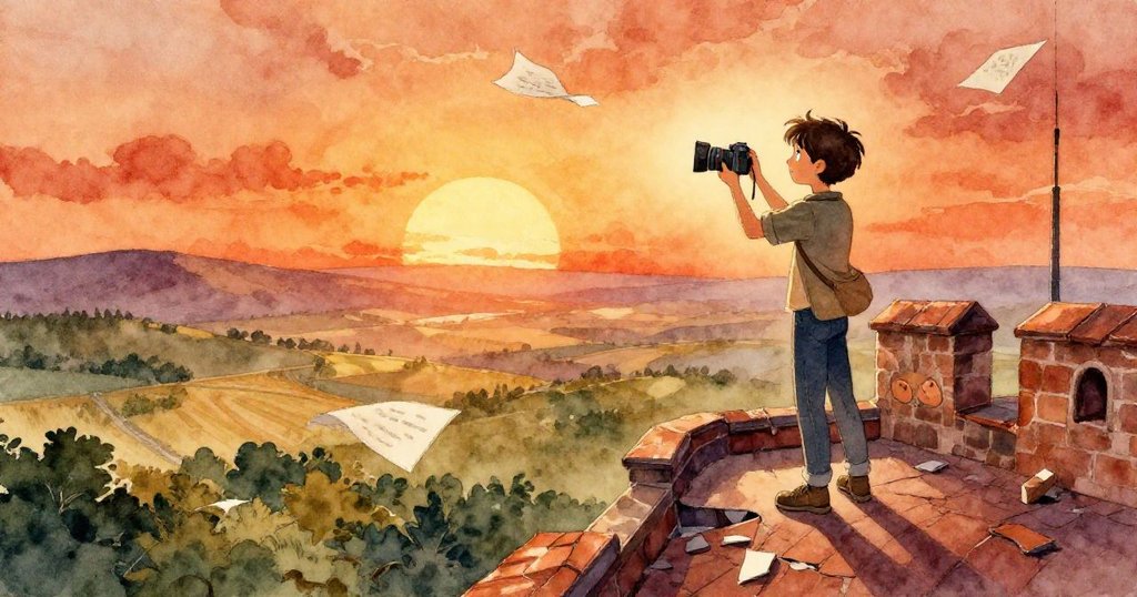 Elías站在塔頂夕陽下，用相機捕捉最後畫面，壁畫碎片在金色光中熠熠生輝，筆記本頁在風中翻飛，遠處山野朦朧如詩。